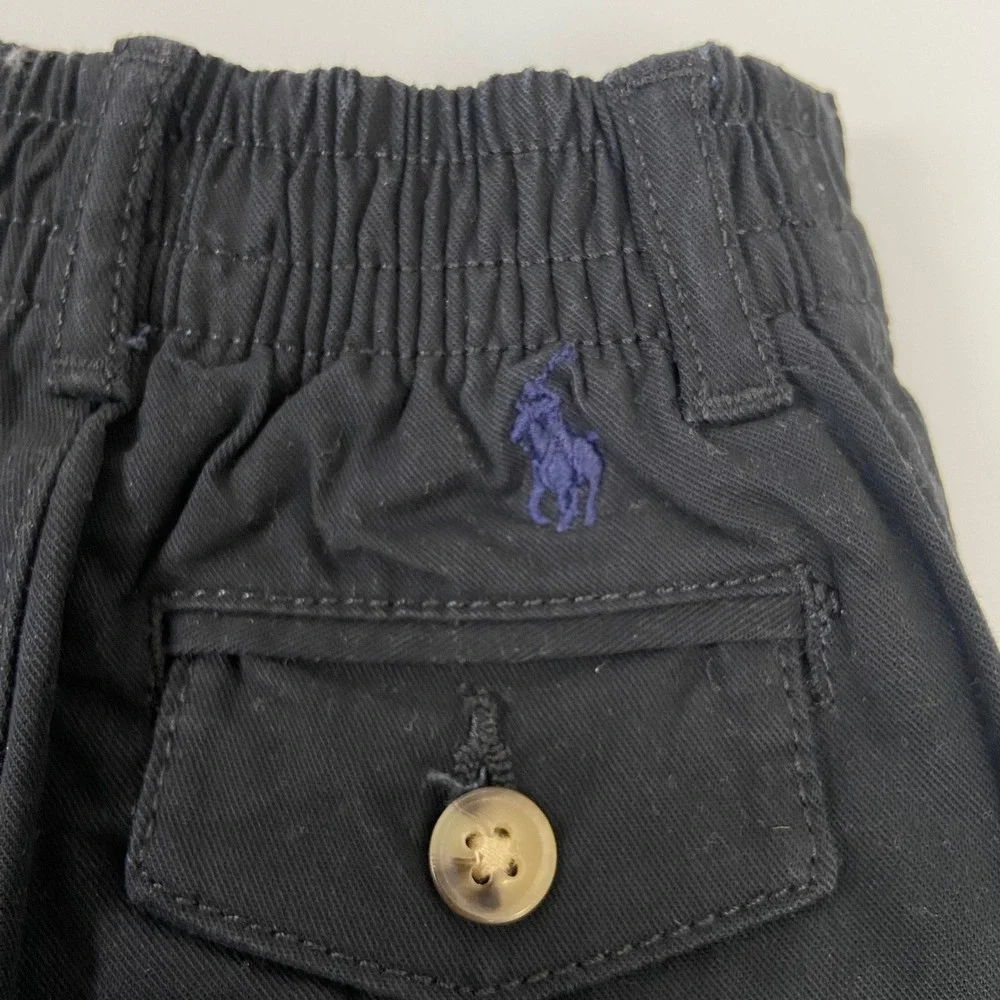 Ralph Lauren Baby Boy 3M Black‎ Chino Shorts Elastic Waist Blue Pony Logo NEW